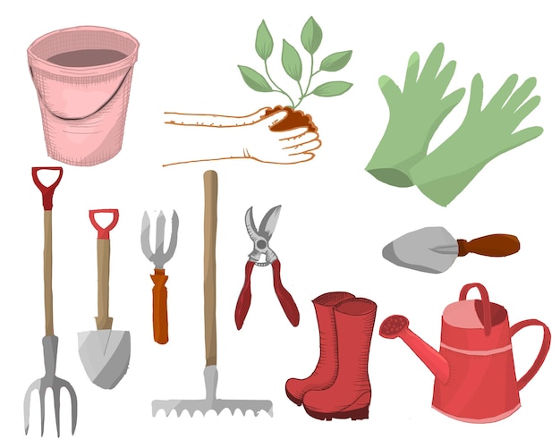 A set of gardening tools including a bucket, a bucket, a shovel, a shovel, a glove, and a bucket.