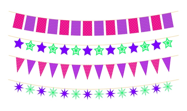 Set of garland and bunting isolated on white background Colorful decoration flags for party birthday