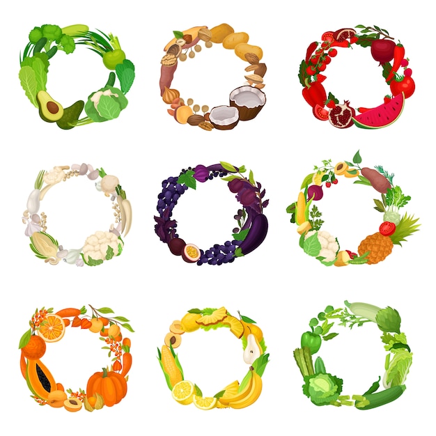 Vector set garlands of fruits and vegetables of different colors.  illustration.