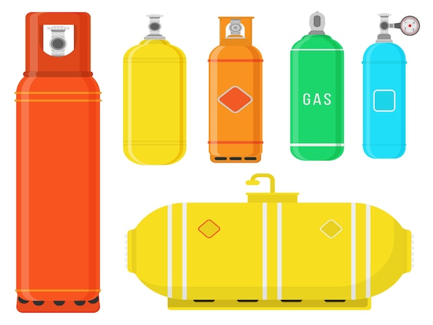 Set of gas cylinders in flat design equipment for safe butane and propane oxygen balloon vector