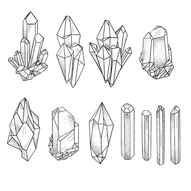 Vector set of geometric black outline crystals vector illustration isolated on white