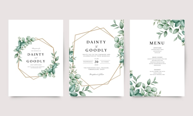 Set of geometric leaf frame wedding invitation templates