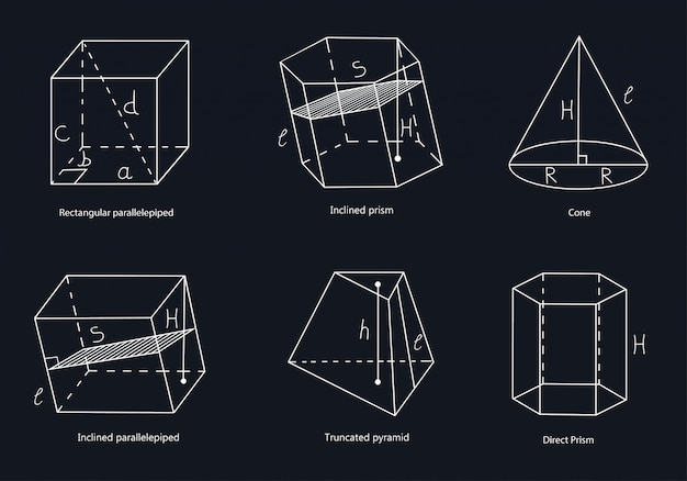 Vector a set of geometric shapes. rectangular parallelepiped, oblique parallelepiped, straight prism, inclined prism, truncated pyramid, cone