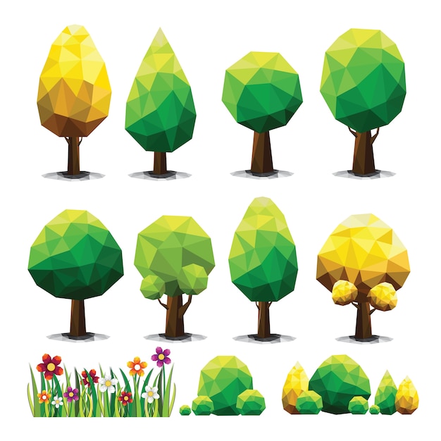 Set of geometric vector trees on white background