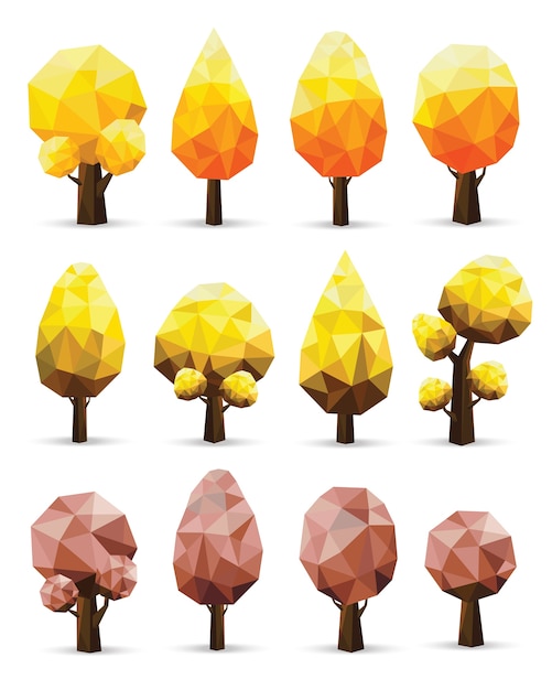 Set of geometric vector trees on white background