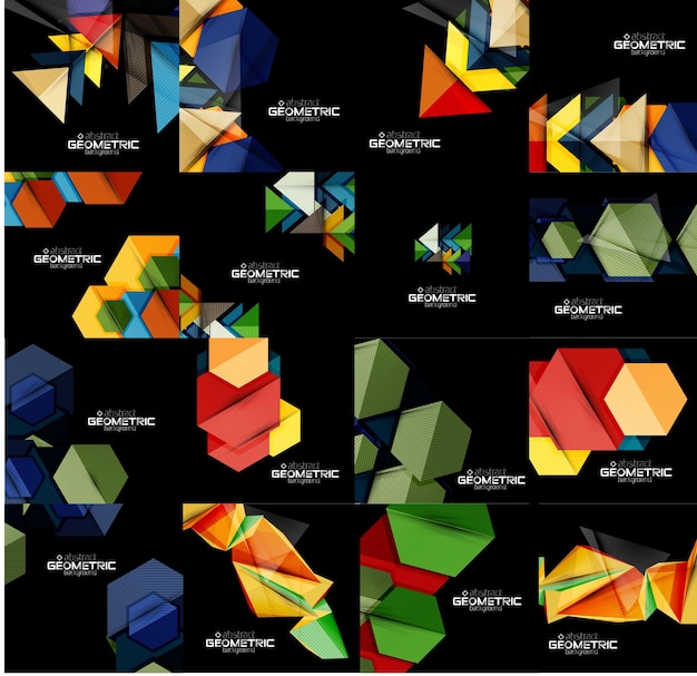 Set of geometrical abstract black backgrounds with multicolored shapes