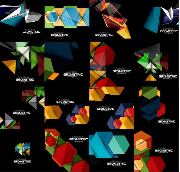 Set of geometrical abstract black backgrounds with multicolored shapes