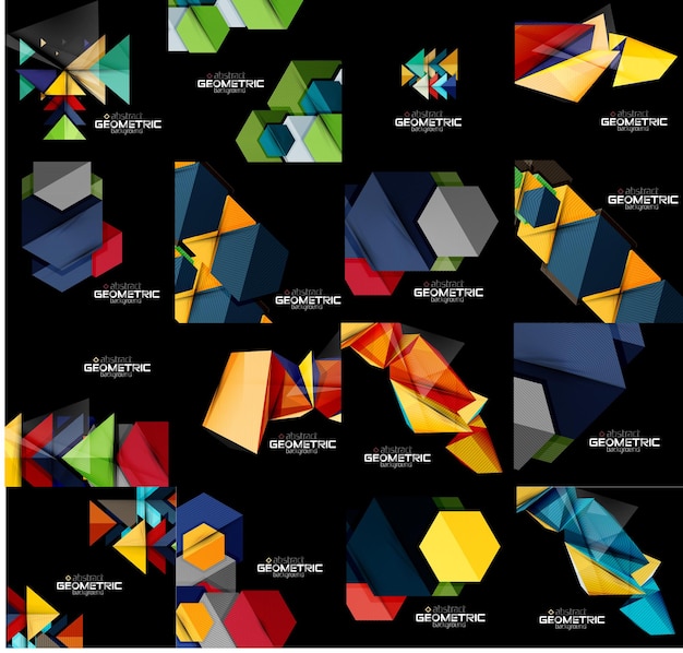 Set of geometrical abstract black backgrounds with multicolored shapes