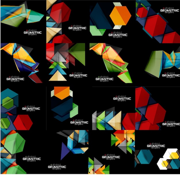 Set of geometrical abstract black backgrounds with multicolored shapes