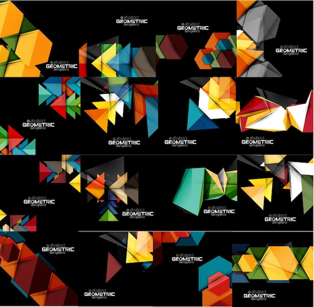 Set of geometrical abstract black backgrounds with multicolored shapes