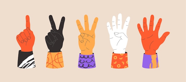 Set of gestures human hands different nationalities, showing fingers to count from one to five. Hand drawn vector illustration isolated on light background. Modern flat cartoon style.