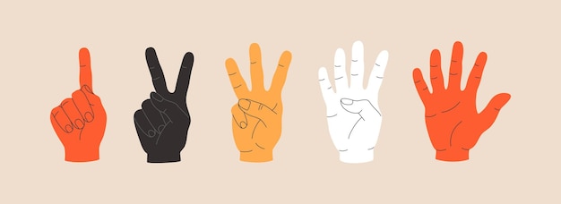 Set of gestures human hands different races, showing fingers to count from one to five. Hand drawn