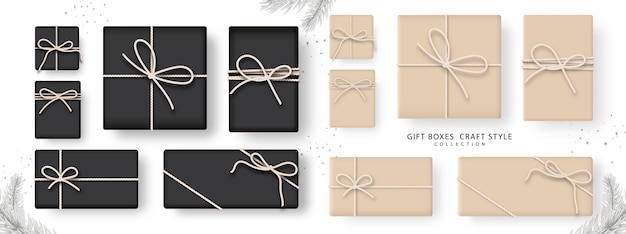 Set of gift box brown and black color in craftstyle isolated on white background.