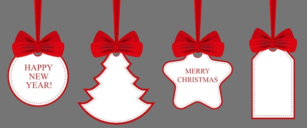 Set of gift tag with red bows. Holiday Christmas and new year set