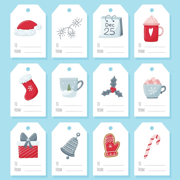 Set of gift tags, labels with Christmas elements on a white background. Cartoon illustrations