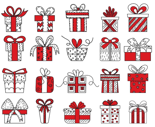 Set of gifts with bows doodle sketch outline isolated vector