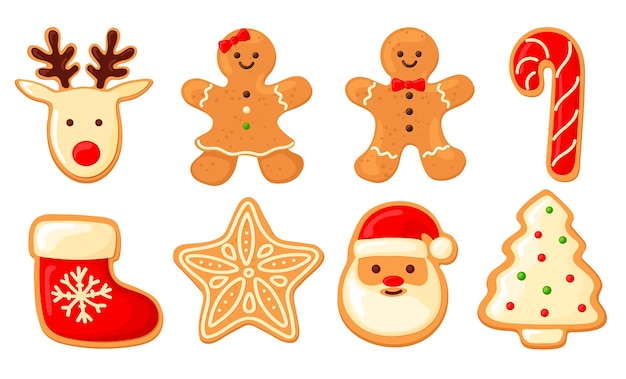 A set of gingerbread. cookies man, sock for gifts, Christmas tree, deer, santa, snowflake,