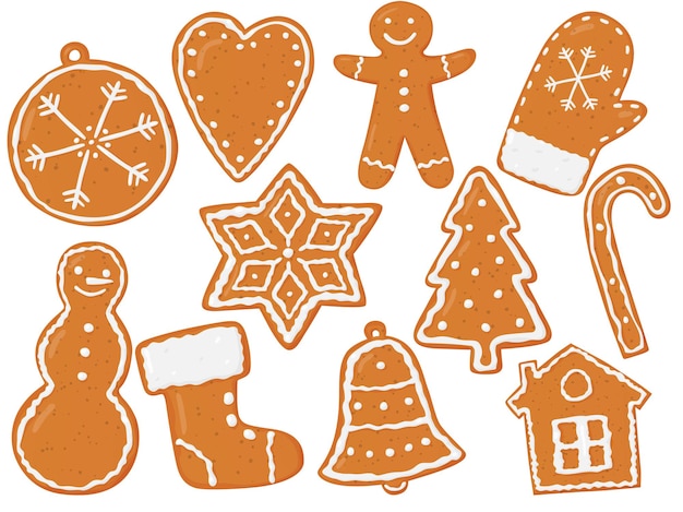 A set of gingerbread figures Christmas cookies Brown gingerbread with a white pattern