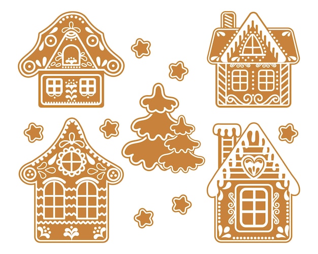 Set of gingerbread houses and Christmas tree. Festive decor elements, print, vector