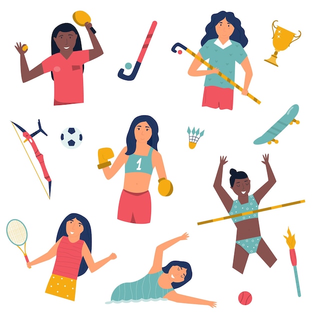 Vector set of girl athletes doing sport tennis player swimmer high jumper boxer hockey player sportsmen portraits vector illustration