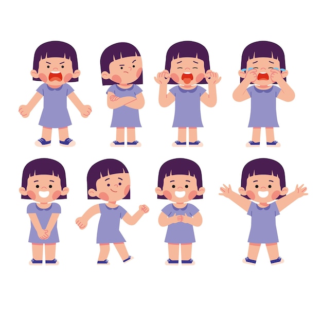 Set of girl kid child characters face expression emotion happy stress sad frustration illustration