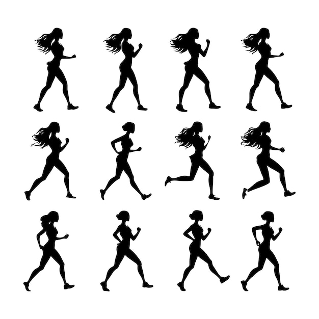 Vector set of girl run cycle animation sprite sheet jogging silhouette white background