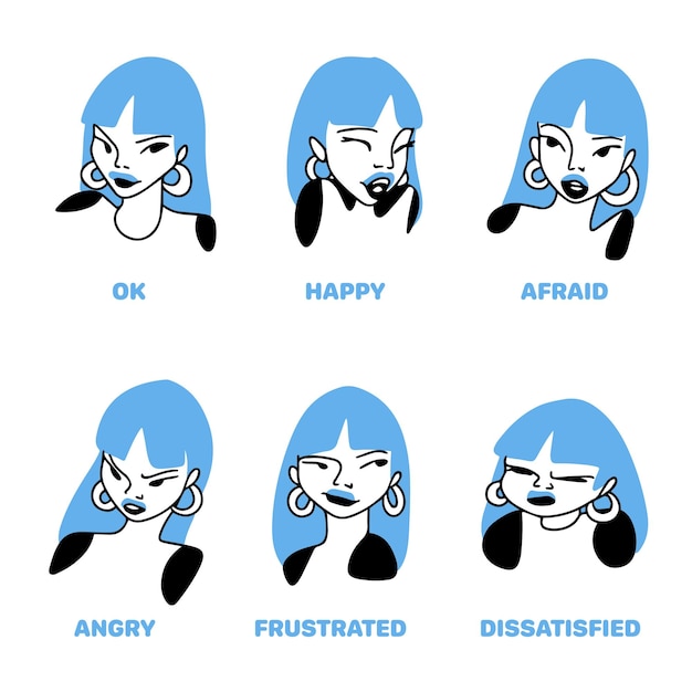 Set of a girl who shows emotions cartoon drawing