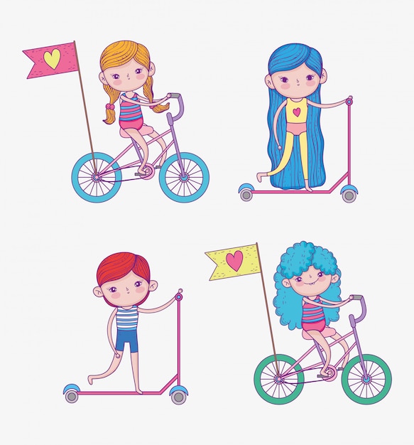 Set girls and boy ride scooter and bicycle