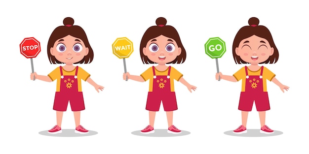 Set of girls, child girl with road sign. Vector illustration