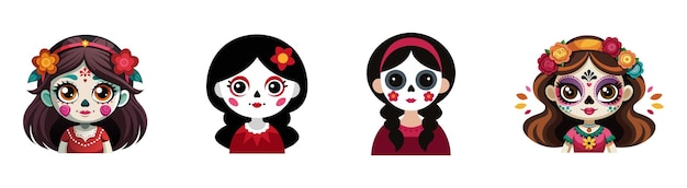 Vector set of girls with day of the dead makeup female children with sugar skull face paint isolated on a white background concept of dia de los muertos mexican cultural tradition festival halloween