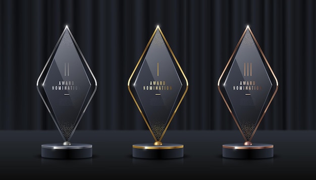 Vector set of glass award trophy transparent prize template winner first place concept