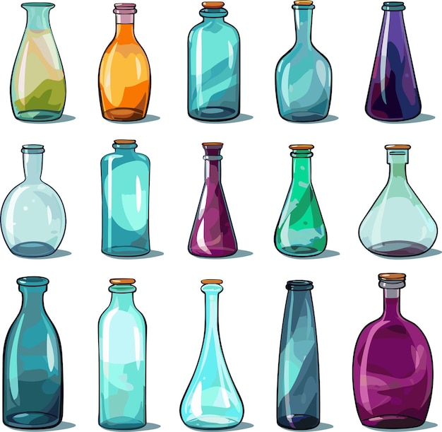 Set of glass bottles of various shapes and colors isolated on white background vector illustration