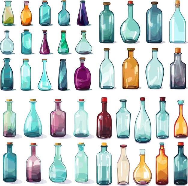 Vector set of glass bottles of various shapes and colors isolated on white background vector illustration