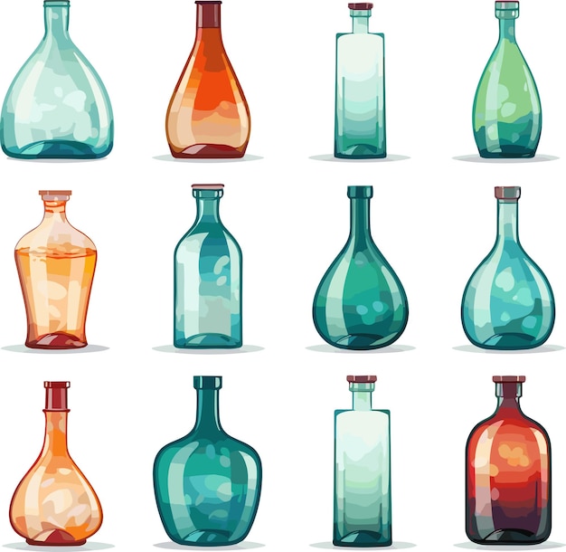 Set of glass bottles of various shapes and colors isolated on white background vector illustration