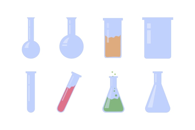 Vector set of glass flasks empty and with liquid. education equipment for biology and chemistry lessons