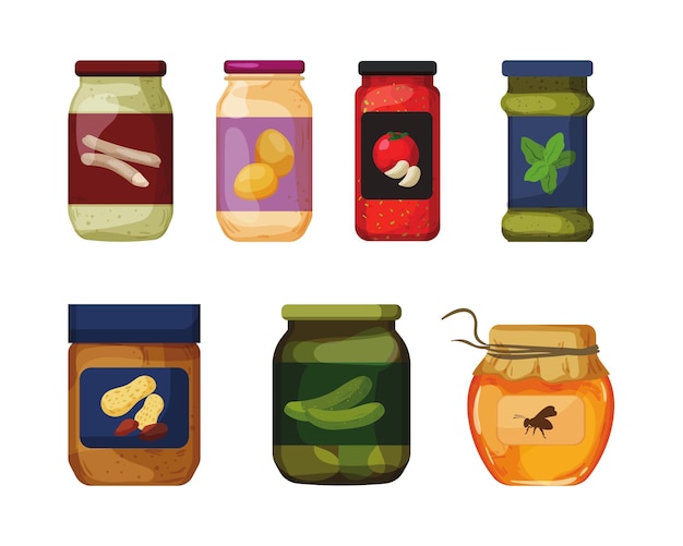 Set of glass jars with pickled vegetables and fruits Vector illustration