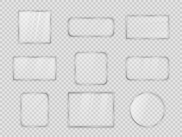 Set of glass plates in differents geometric forms on transparent background Vector illustration