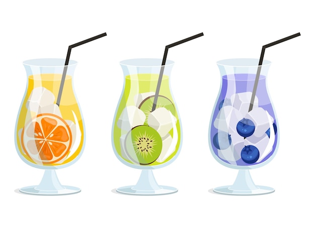 A set of glasses with different fruit and berry juices or cocktails with ice and slices