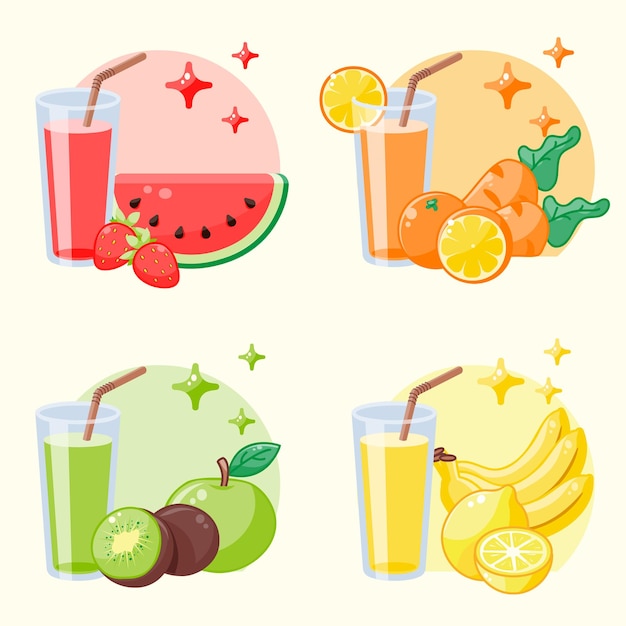 A set of glasses with juice fruits and vegetables Various smoothies