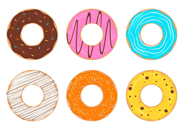 Set of glazed donuts Colorful flat donuts Sweet dessert design top view Unhealthy food fast food vector illustration