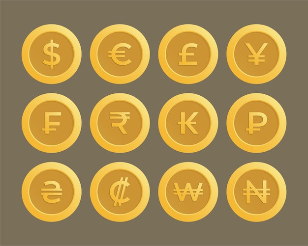 set of global currency coins with gold color