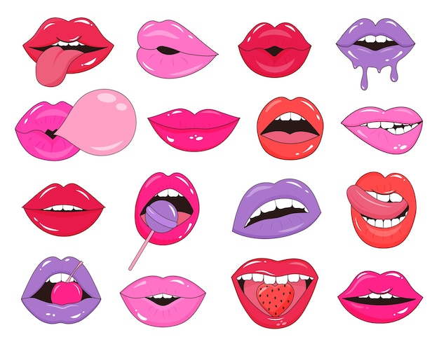 Set of glossy female lips Pop Art stickers fashion patches in retro style Sexy women lips