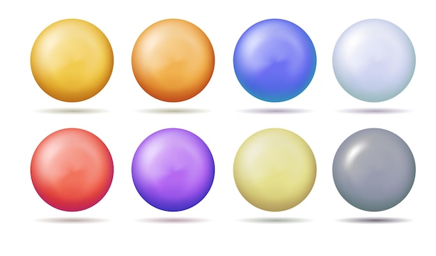 Set of glossy spheres and balls in various colors on a white background with a shadow