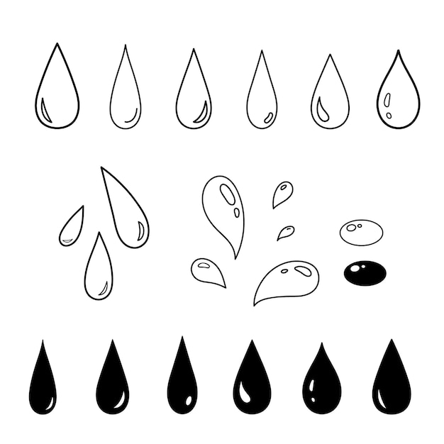 Set of glossy water drops on white background Outline and filled collection of drops isolated on white background Vector splash