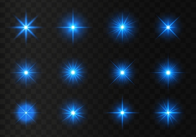 Set of glowing blue light stars on a transparent background Shining sun star explodes and flash