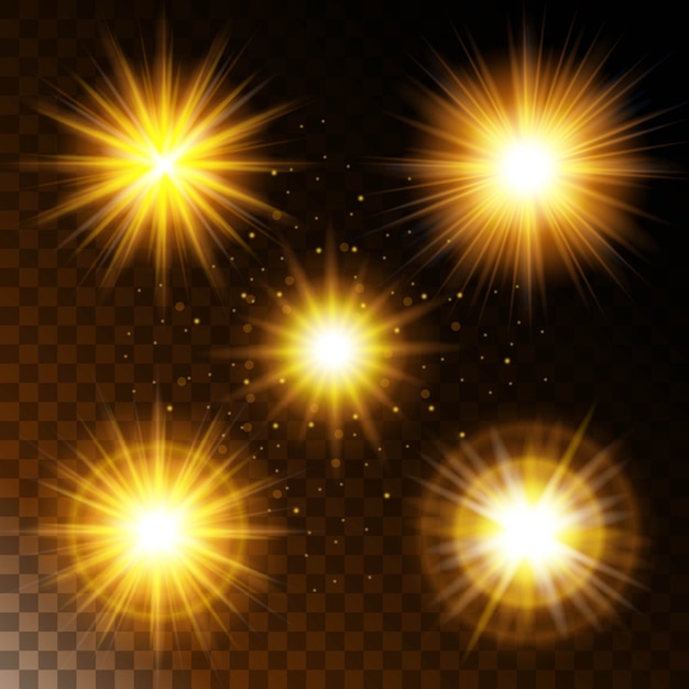 Set of glowing light effect star, the sunlight warm yellow glow with sparkles 