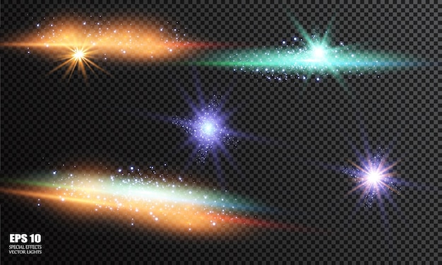 Set of Glowing Light Stars with Sparkles. Light effect.   Illustration.