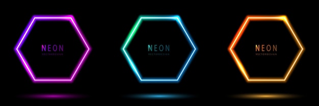 Set of glowing neon hexagon lighting lines pinkpurple bluegreen orangeyellow bluegreen illuminate hexagon frame design collection of glowing neon lighting on dark background with copy space