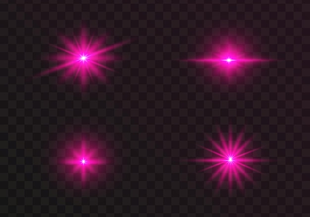 Set of glowing pink light stars on a transparent background. Shining sun, star explodes and flash.