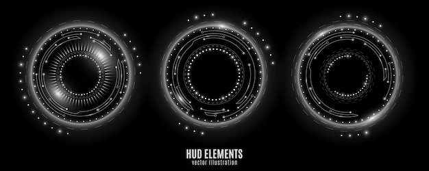 Set of glowing white HUD rounds for technology design Futuristic objects with light effect Virtual dashboard display Scifi elements Hitech background Vector illustration